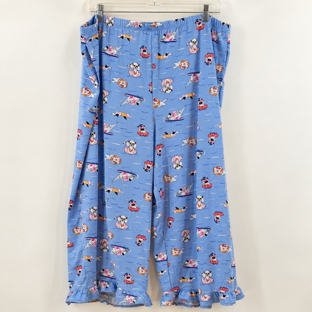 Cuddl Duds Kawaii Dog Print Pajama Pants Women XXL Ruffle Hem Blue Loungewear